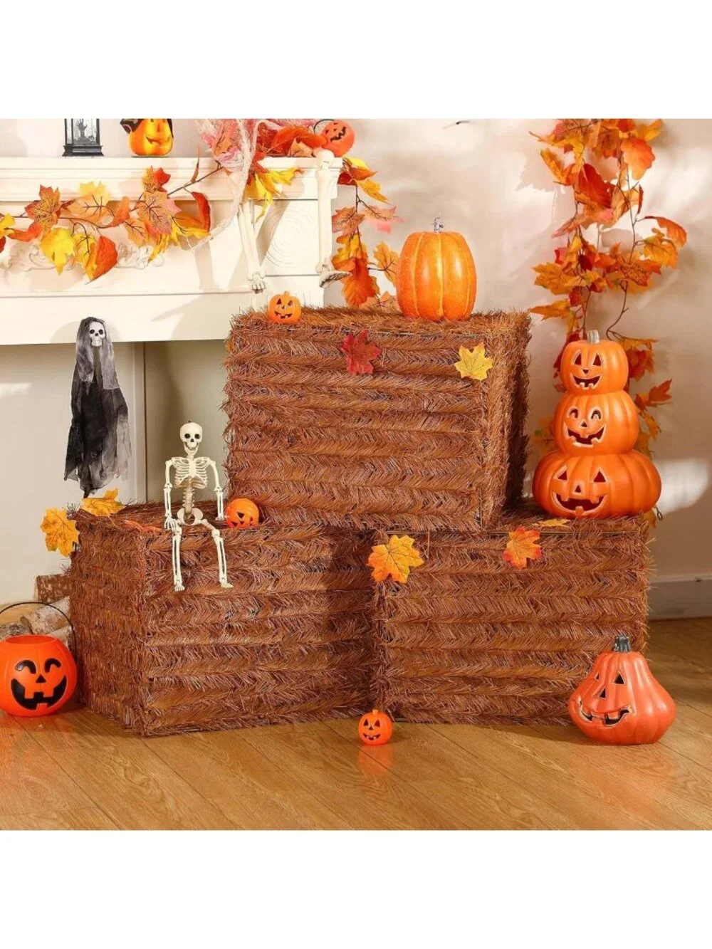 Set of 3 Decorative Faux Hay Straw Bales - Fall Harvest Home Decor, 18x14x14
